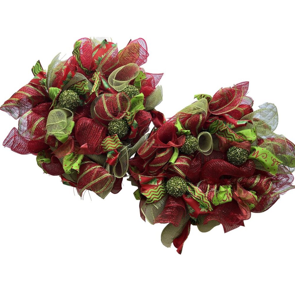 Set of‎ 2 Christmas Deco Mesh Wreaths Red Green Lighted Battery Operated Timer